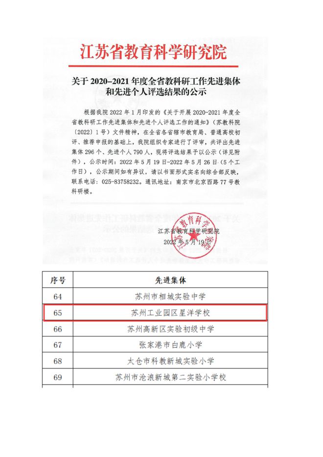 星洋学校荣获“江苏省教科研工作先进集体”称号