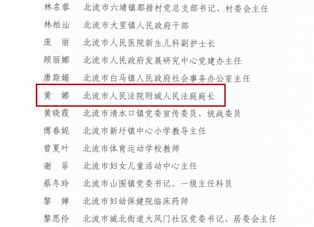 喜报！北流法院附城法庭庭长黄娜荣获“2023年度北流市三八红旗手”荣誉称号！